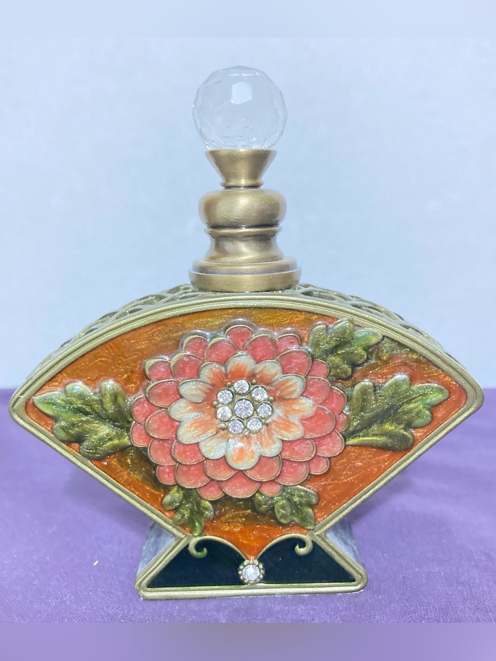 Floral Fan-Shaped Enamel on Metal Perfume Bottle - Deep Orange/rust and Green
